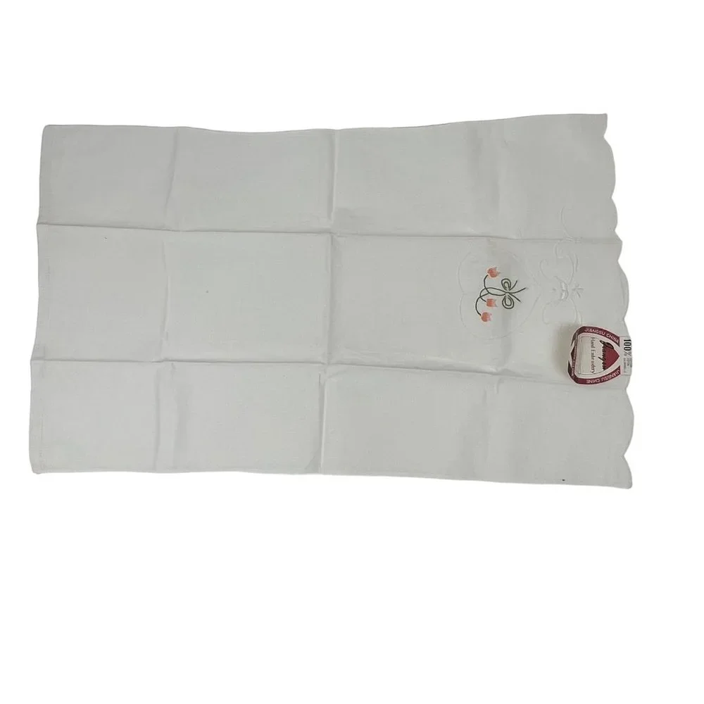 Vintage Hand-Embroidered Tea Towels White Pink Flowers Set of 2